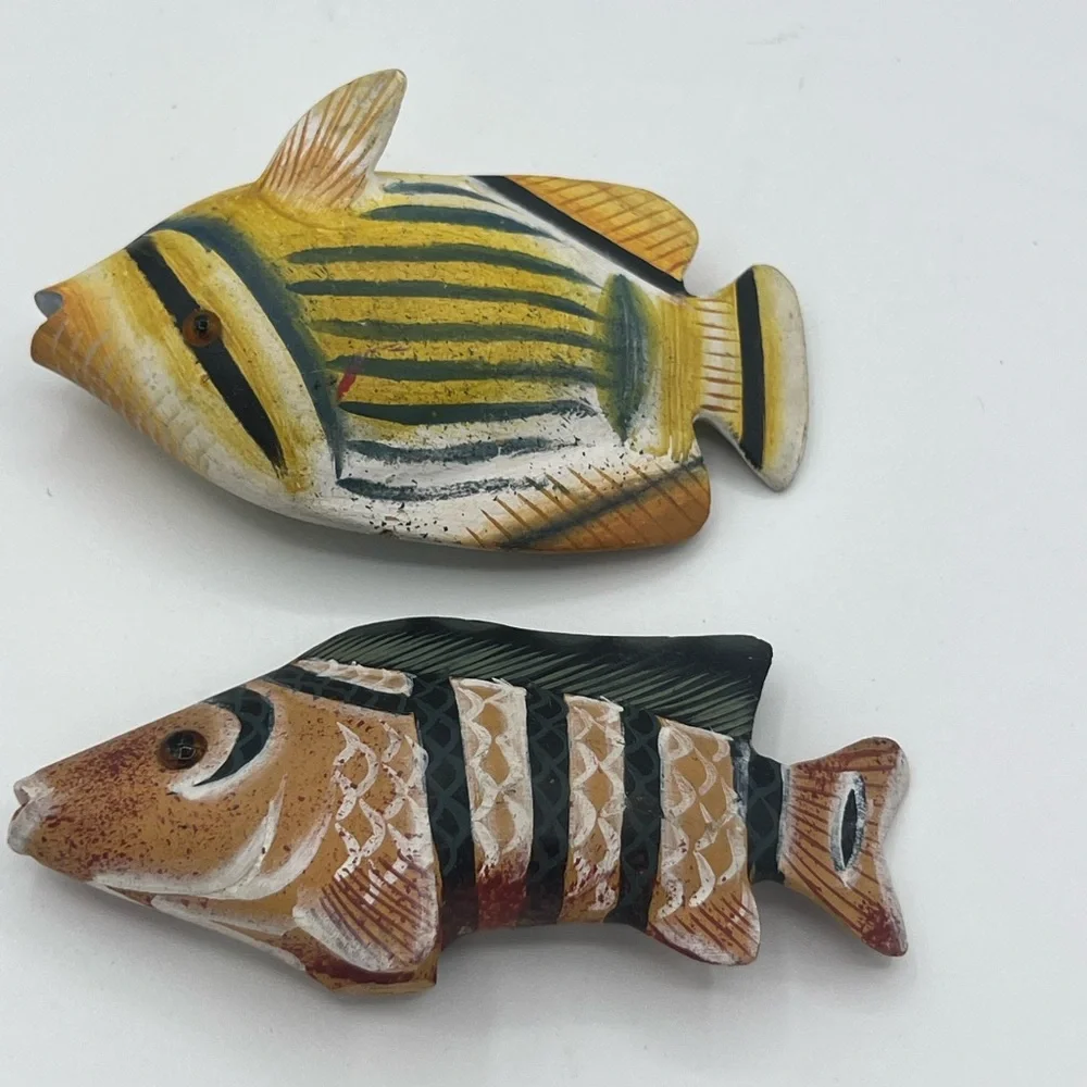 Vintage Tropical Wood Hand Carved & Painted 6-8” Tall Set Of 2